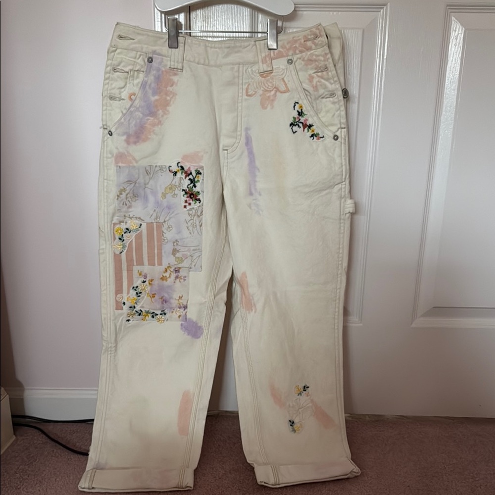 Free People Cream Straight Leg Jeans with Distressed Embroidery